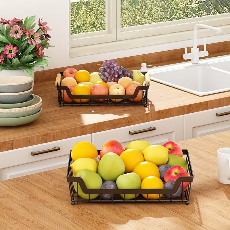 Tiered Metal Fruit Basket with Banana Hook & Wooden Handle – 2 & 3 Tier Countertop Produce Organizer for Kitchen | Removable Tiers | Bread, Vegetable & Fruit Storage