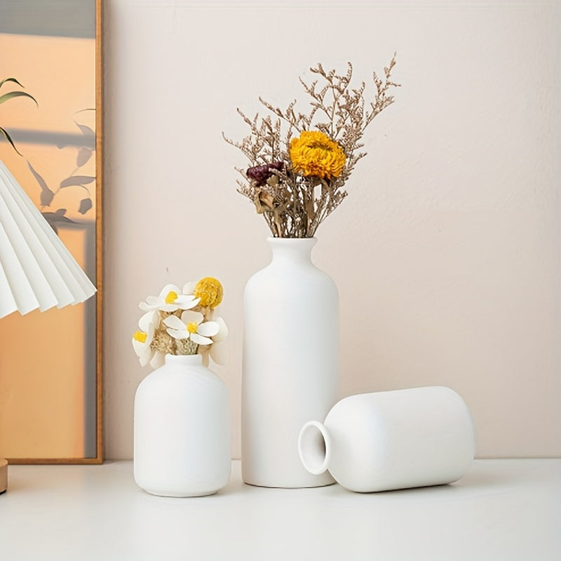 Boho Ceramic Vase Set 3pcs Matte Nordic Minimalist Geometric & Floral Designs, Decorative Vases for Living Room, Entryway, Bookshelf, TV Console & Bathroom Vanity, Holiday & Birthday Gift