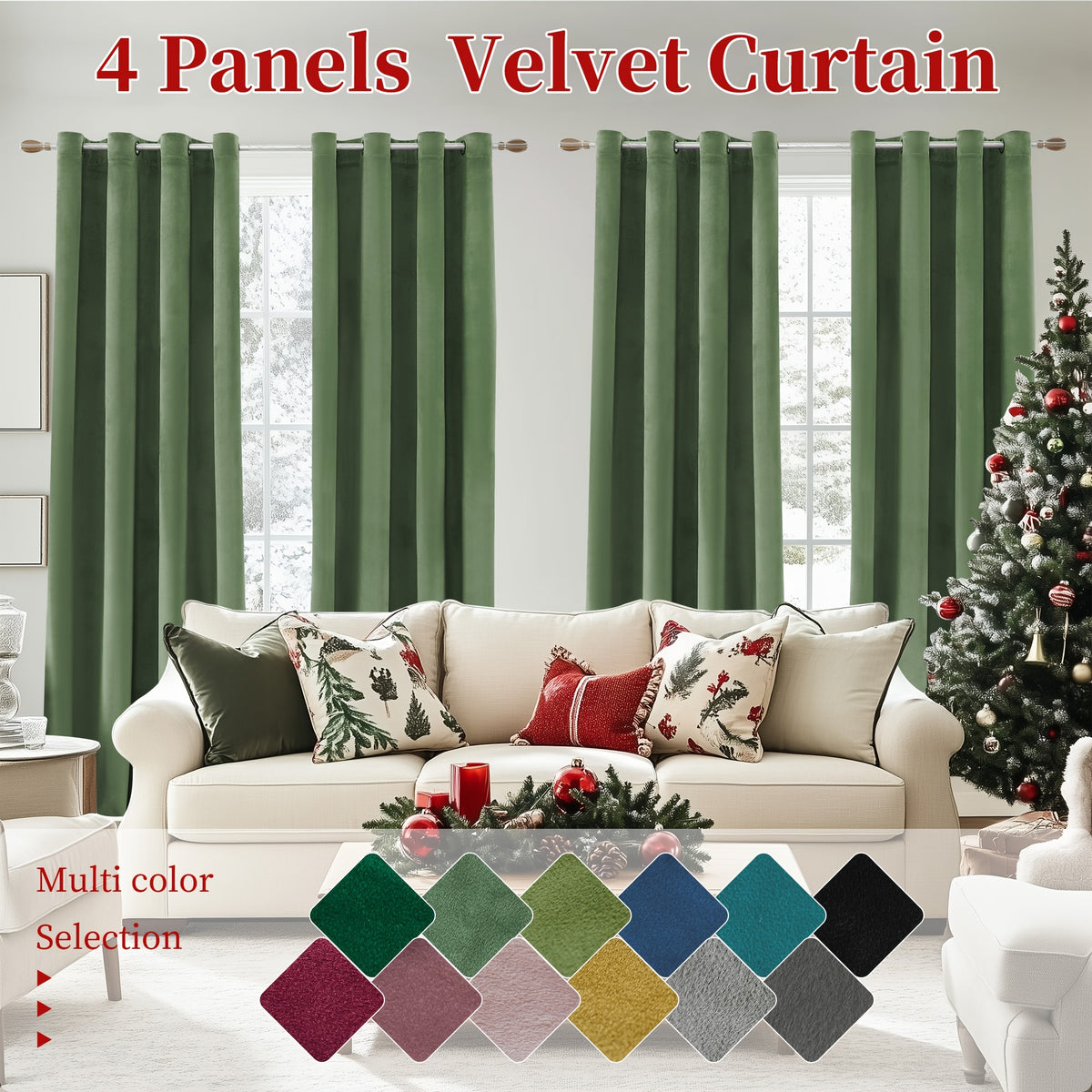 Blackout Velvet Curtains 4 Panels - Thermal Insulated Grommet Drapes, Noise Reducing Soft Window Curtains for Living Room Bedroom, Multiple Sizes & Colors