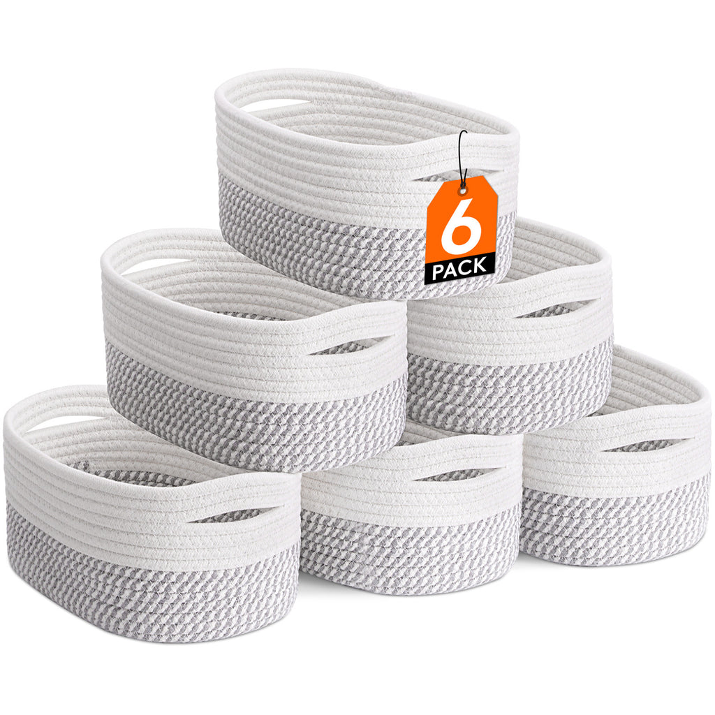 Woven Storage Baskets Set of 6 – Cotton Rope Round Shelf Baskets Bins for Organizing Closet Living Room Bedroom Playroom, Cute Small Decorative Cube Storage Caddy, Multiple Colors Available