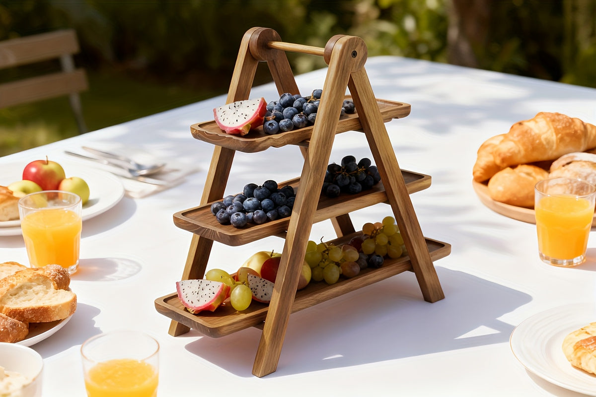 3 Tier Wood Dessert Stand Foldable Natural A-Frame Tray for Wedding Party Home Hotel Restaurant Event Cupcake Cake Display Sturdy Serving Stand