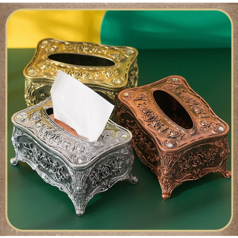 European Retro Luxury Tissue Box Cover | Decorative Antique-Style Facial Tissue Holder for Living Room, Bathroom & Restaurant | Antique Gold, Silver or Vintage Red