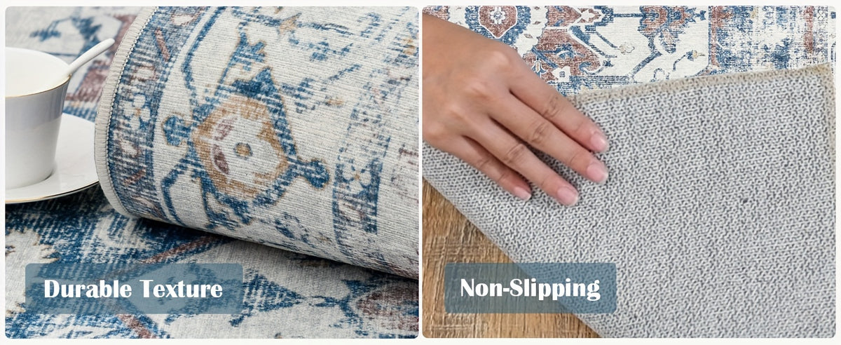 Washable Vintage Area Rug - Chenille Retro Distressed Multi-Print Foldable Lightweight Accent Rug for Entryway Bathroom Kitchen Living Room and Bedroom