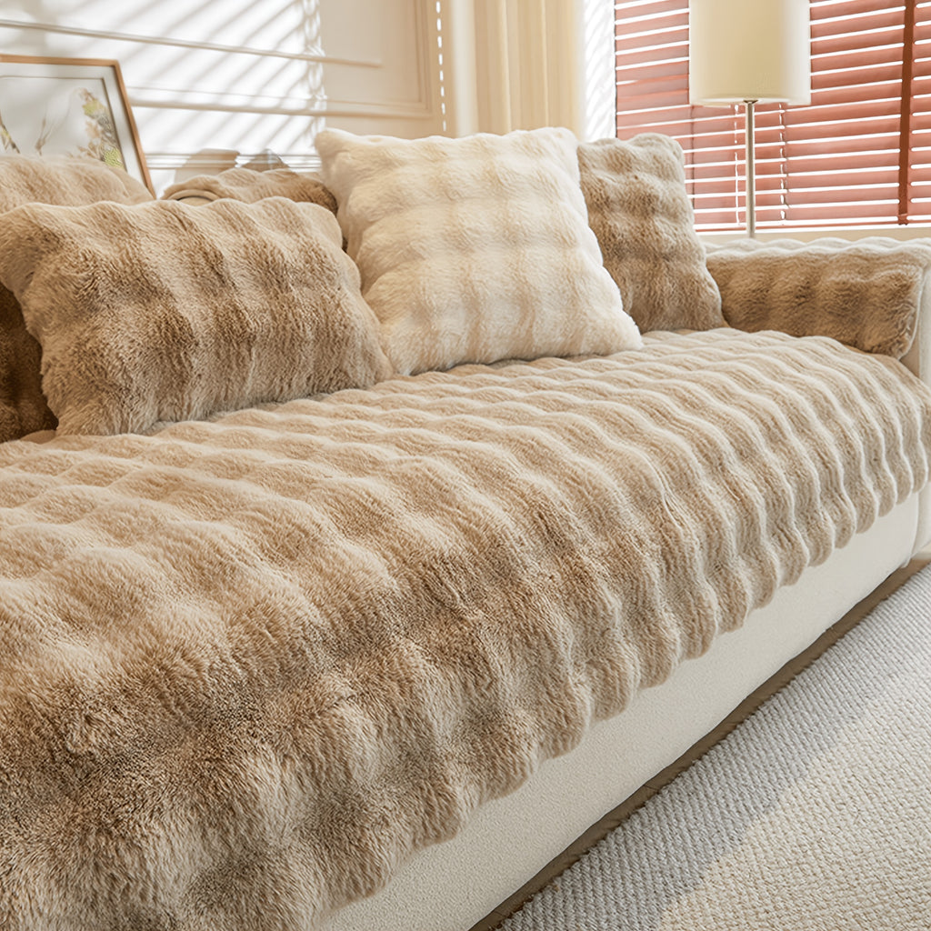 Bubble Faux Rabbit Fur Sofa Cover Non-Slip Stretchable 3/4 Seat Slipcover – Silicone Grip Breathable Furniture Protector for Living Room, Bed & Dorm, Machine Washable in Beige, Dark Grey & Khaki