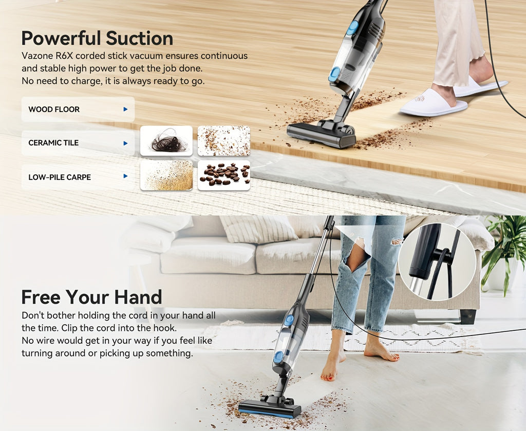 Corded Vacuum Cleaner Lightweight with Powerful Suction – 1L Dust Cup, 6-Stage Filtration, 90° Tilt, Self-Standing Design for Floors Stairs Carpet Hardwood Tile Pet Hair