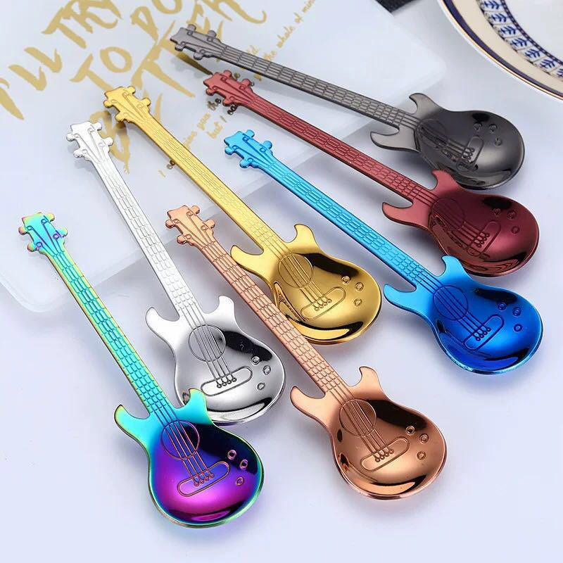 Guitar-Shaped Stainless Steel Teaspoon Set of 6 in Random Colors – Food Safe 304 Steel Novelty Coffee Tea Spoons for Music Lovers, Gifts & Fun Table Settings