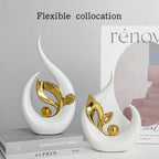 White Gold Ceramic Abstract Art Statue Set of 2 – Handcrafted Resin Sculpture Decor for Living Room, TV Cabinet & Wine Cabinet – Light Luxury Modern Home Decorations Centerpiece