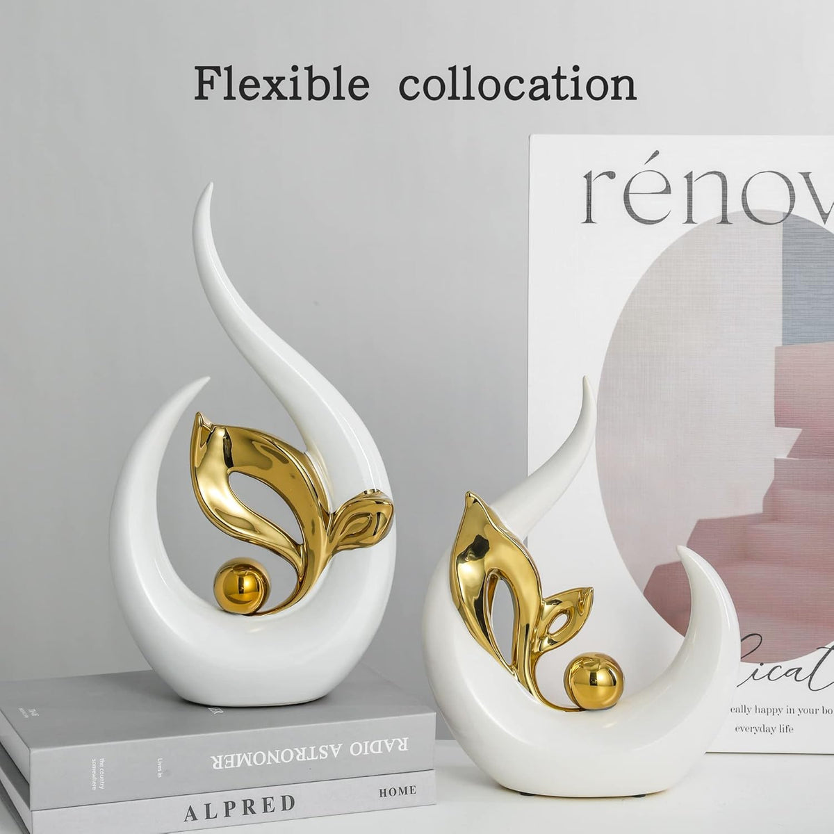 White Gold Ceramic Abstract Art Statue Set of 2 – Handcrafted Resin Sculpture Decor for Living Room, TV Cabinet & Wine Cabinet – Light Luxury Modern Home Decorations Centerpiece