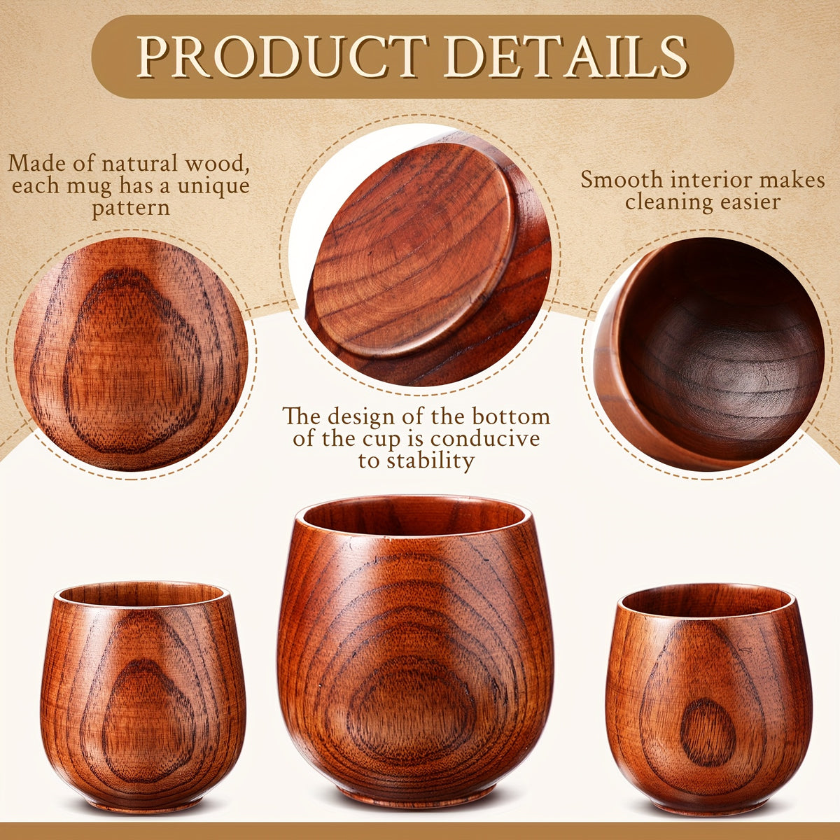 Wooden Tea Cups Set of 10 | Japanese Solid Wood Coffee Mugs 6oz Natural Drinking Teacup for Milk Hot Drinks Home & Kitchen