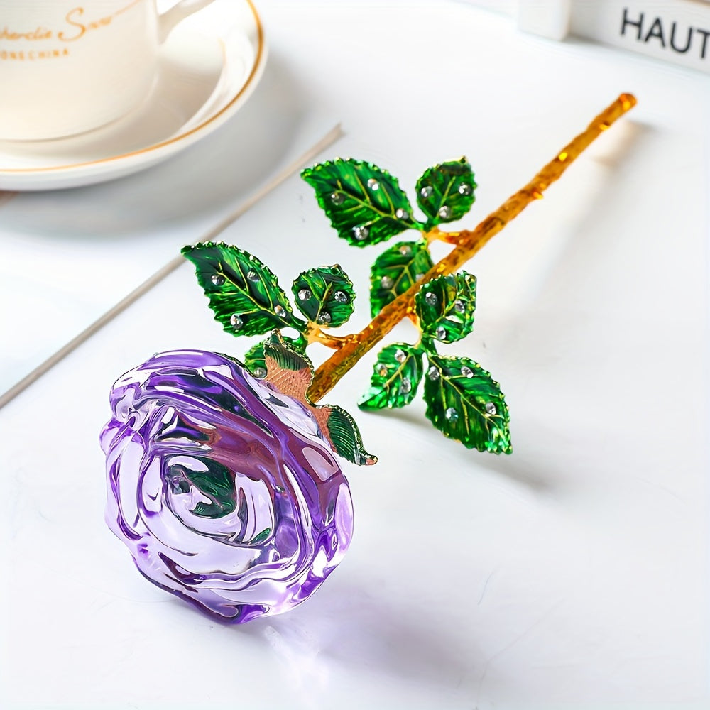 Crystal Rose Decorative Accent Flower Sculpture, Single Stem Glass Rose Home Decor Ornament, Indoor Outdoor Room Decoration, Valentine's Day Christmas Birthday Gift for Her Him – 4 Colors