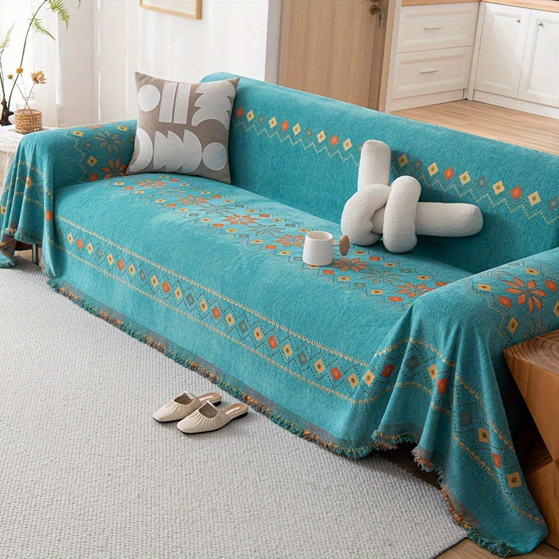 Chenille Boho Sofa Cover with Embroidered Detail – Machine Washable Slipcover for 1 2 3 4 Seater Sectional Couches, Extra Large Sizes, No Padding, 4 Colors