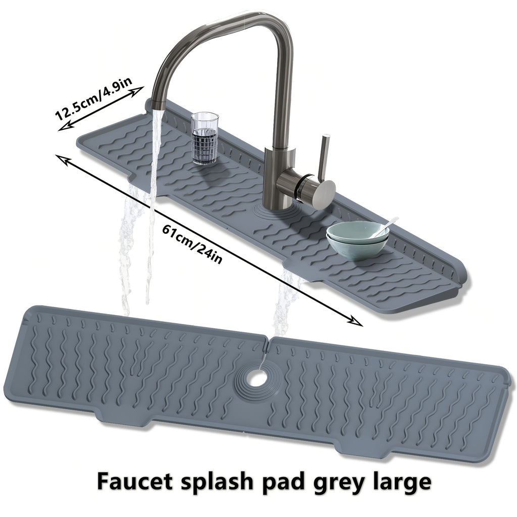 Silicone Sink Drying Mat & Faucet Splash Pad with Sponge Holder – Wave Pattern, 5° Drainage Slope, Heat-Resistant, 3 Sizes & 3 Colors for Kitchen & Bathroom Counter