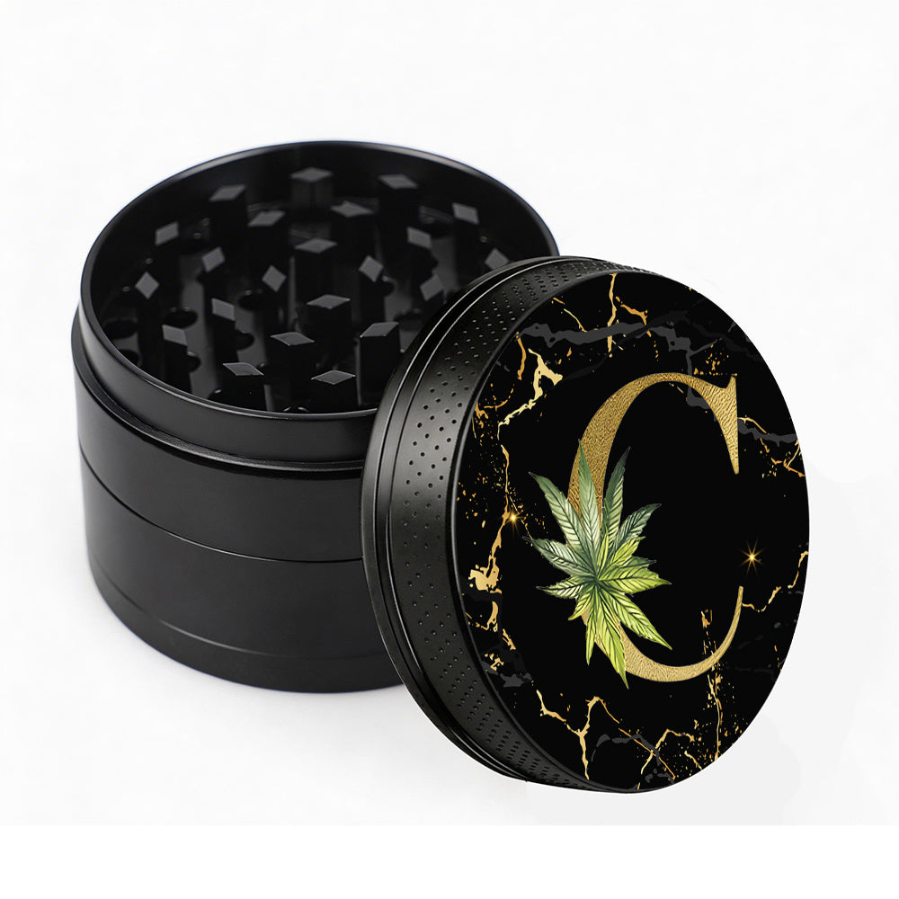 Manual Spice & Herb Grinder with Pollen Catcher - Personalized A-Z Initial Letter Metal Crusher, Portable 2 Inch Golden Marble Alphabet Design, Gift for Smokers & Herb Lovers (Black)