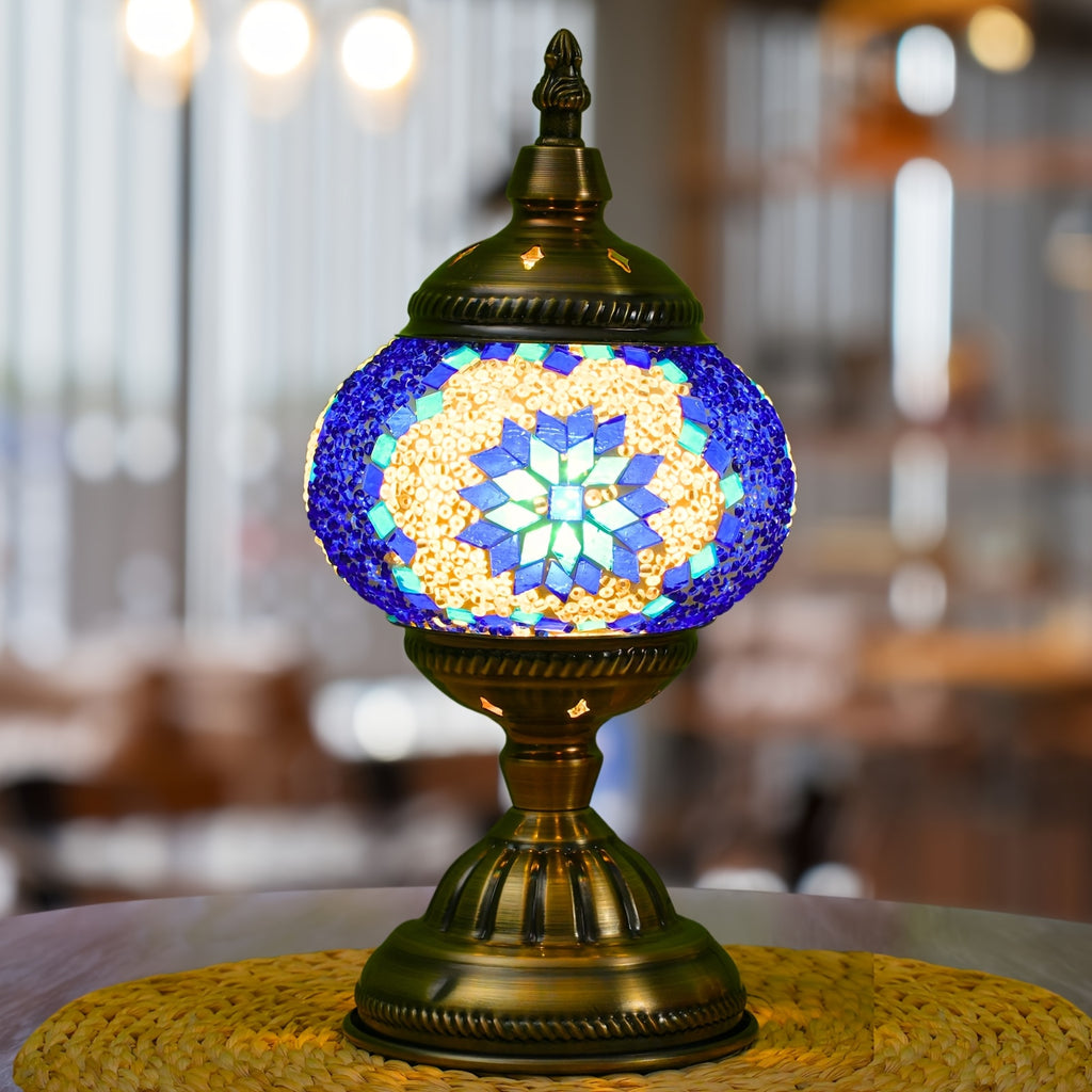 Handmade Turkish Mosaic Table Lamp 3-Color Dimming Glass Bedside Lamp with Metal Base - USB Powered Boho Decorative Light for Bedroom Living Room - Bulb Included, Ready to Use
