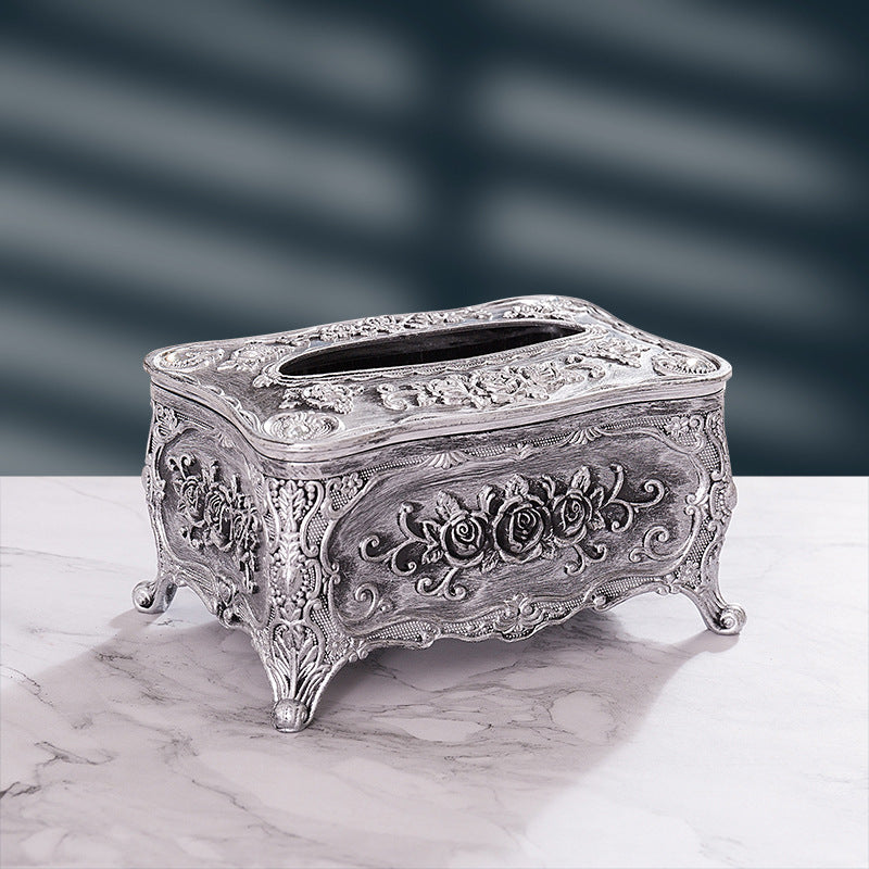 European Retro Luxury Tissue Box Cover | Decorative Antique-Style Facial Tissue Holder for Living Room, Bathroom & Restaurant | Antique Gold, Silver or Vintage Red