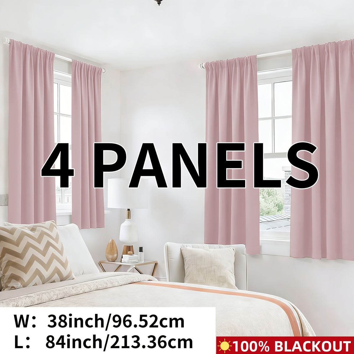 Blackout Curtains Rod Pocket 4-Panel Solid Color Lightweight Matte Drapes | 100% Light Blocking Window Curtains for Bedroom Living Room, 9 Colors 5 Sizes