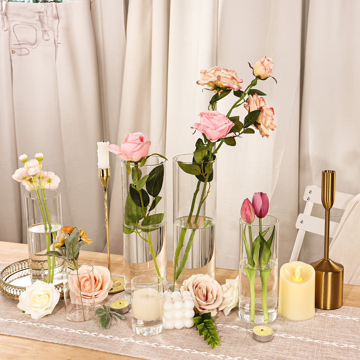 Glass Cylinder Vases Bulk Set 15/18/24/48pcs - 3 Sizes (4"/8"/12") Clear Candle Holders, Tall Flower Vases for Wedding Centerpieces, Party & Halloween Decorations, Home Decor