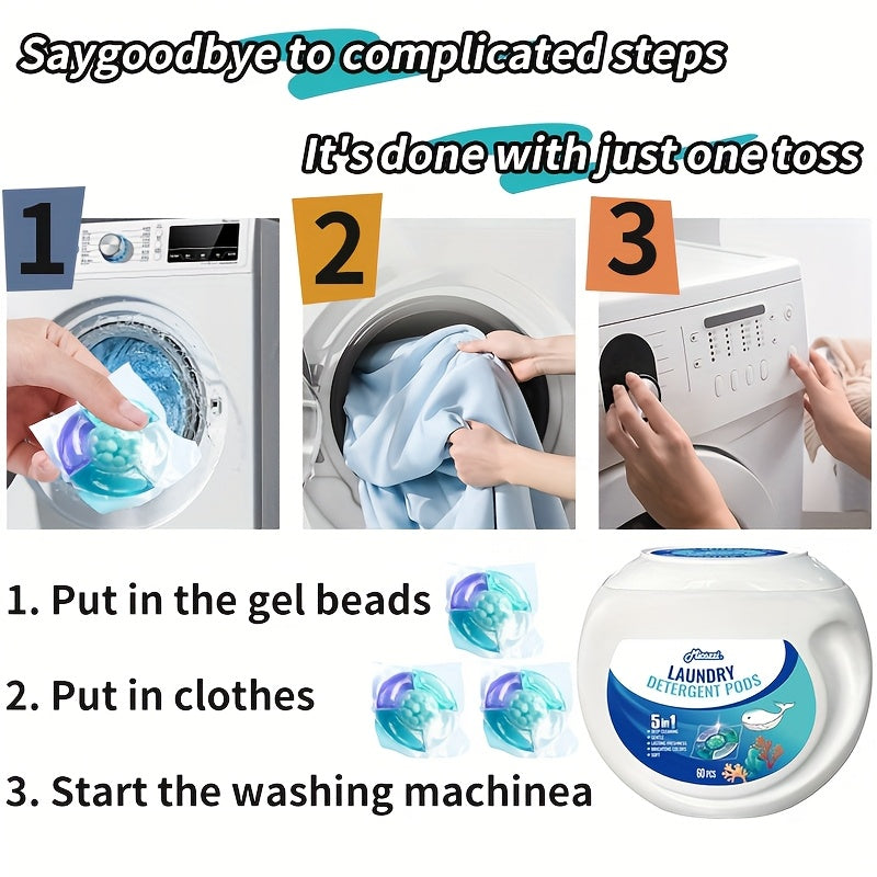 5-in-1 Laundry Detergent Pods, Ocean Breeze Scent, 8X Cleaning Power – HE Compatible Stain & Odor Eliminator Liquid Capsules, Fabric Safe, 60 / 120 Count