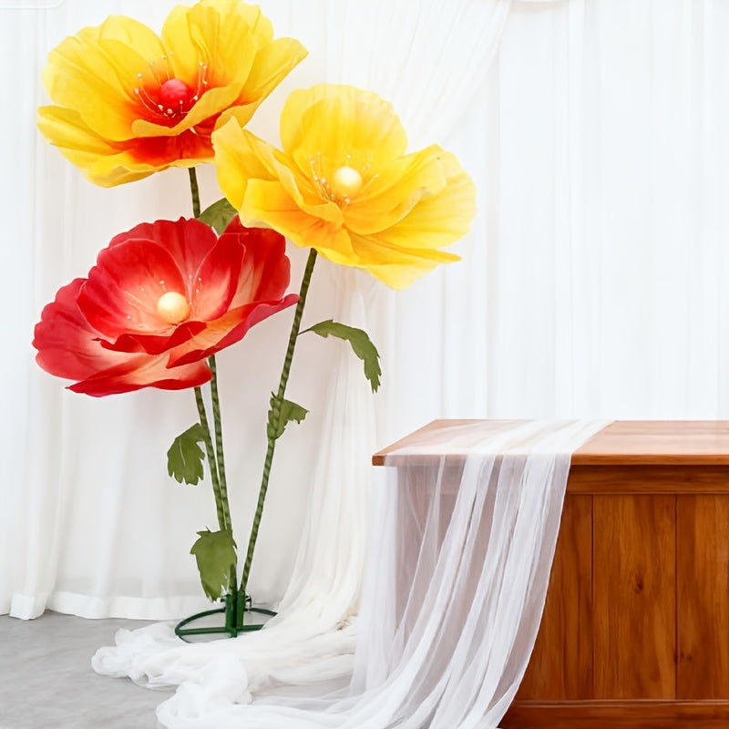 Large Artificial Poppy Flowers 3pcs Giant Orange Yellow Red Blooms Realistic Faux Floral for Wedding Centerpiece Party Decor Photo Booth Spring Home Decoration