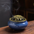 Ceramic Incense Holder Set 4pcs Large Kiln-Fired with Vintage Brass Lid & Fireproof Mat – Stick, Cone & Coil Incense Burner for Home Meditation, Zen Decor & Aromatherapy