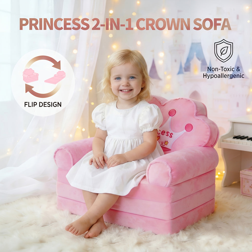 Flip Open Kids Sofa with Princess Crown Design – 2-in-1 Foldable Couch & Lounger Chair, Machine Washable Plush Cover, Certified Safe Foam, Dreamy Reading Nook Gift for Girls