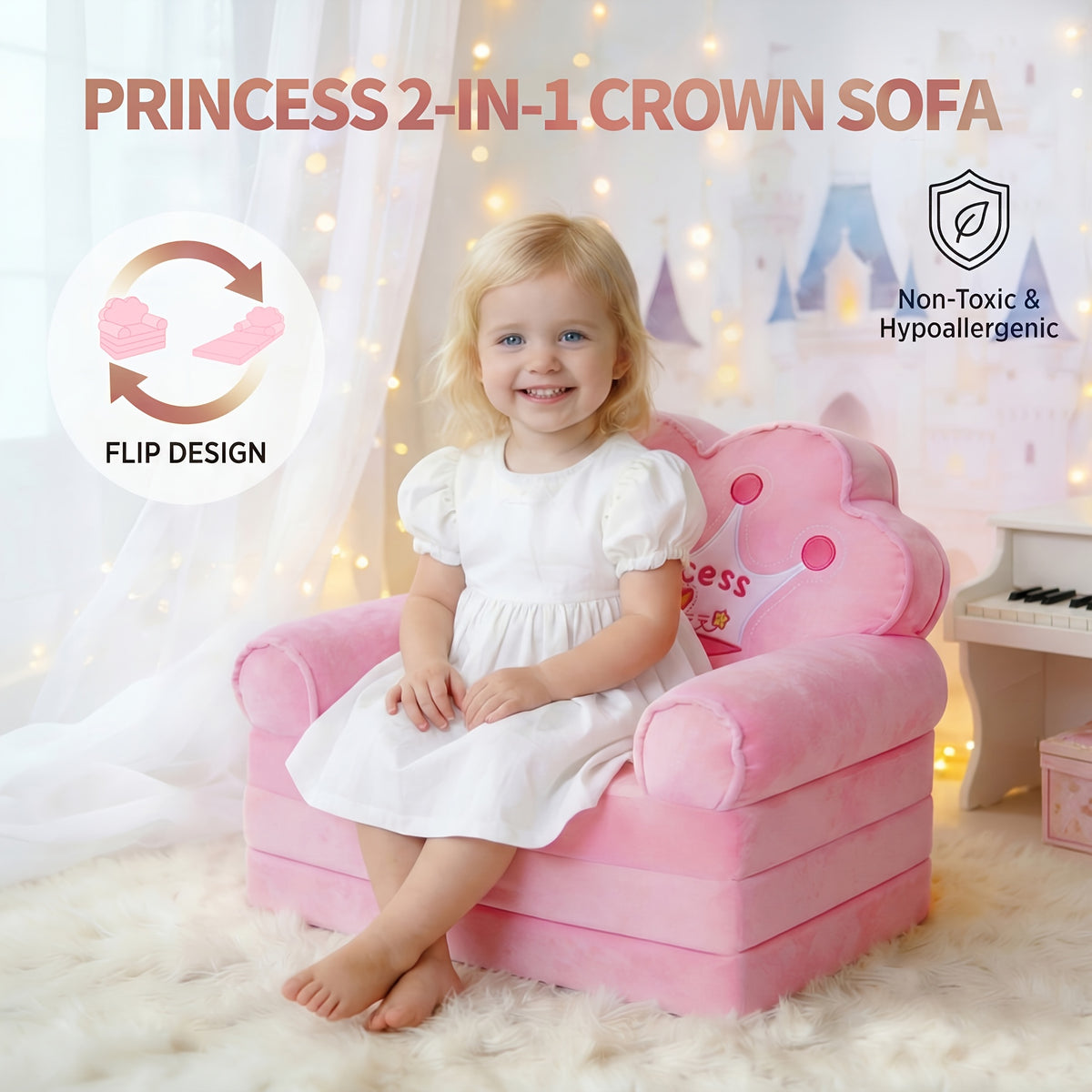 Flip Open Kids Sofa with Princess Crown Design – 2-in-1 Foldable Couch & Lounger Chair, Machine Washable Plush Cover, Certified Safe Foam, Dreamy Reading Nook Gift for Girls