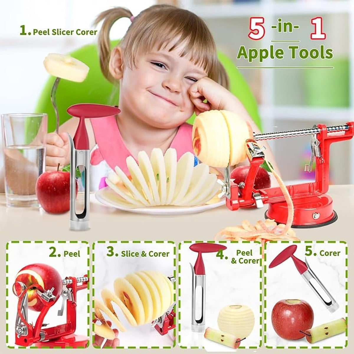 Apple Peeler Corer Slicer Spiralizer 5-in-1 Heavy Duty Cast Iron with Suction Base – Fruit & Vegetable Peeler for Apples, Potatoes & Pears, Pie Making & Thanksgiving Baking Tool