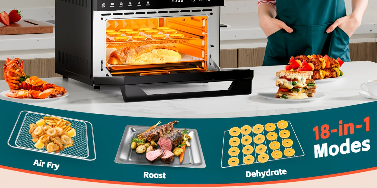 32-Quart 20-in-1 Air Fryer Oven & Toaster Oven Combo, 1800W, 360° Hot Air Circulation, 12 Cooking Modes, Clear Door, 13" Pizza Pan & 7 Accessories — Fits 13-lb Turkey, 86–450°F, Black