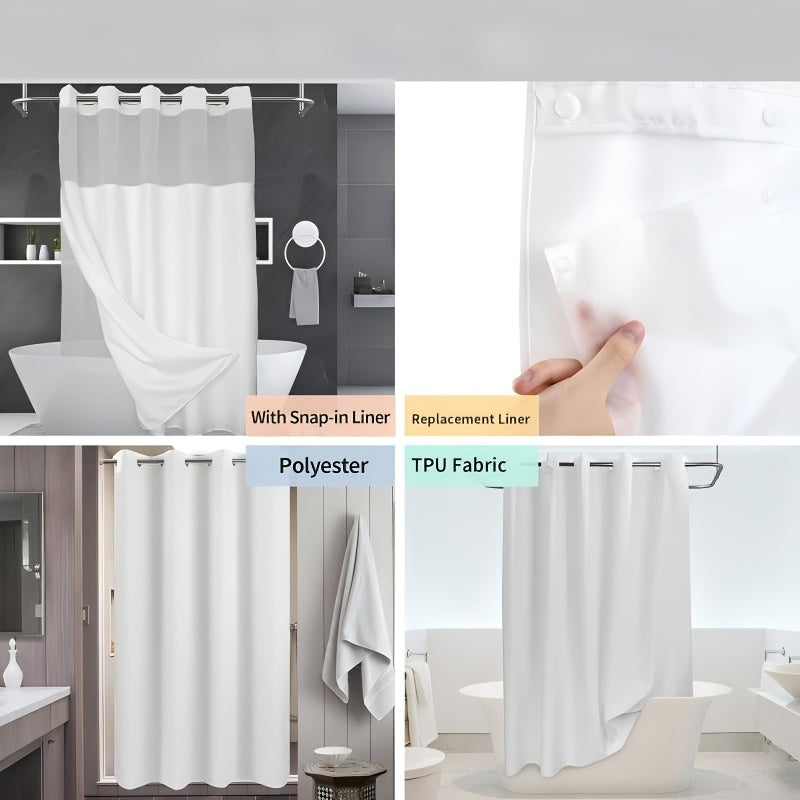 Hookless Shower Curtain Waffle Pattern with Snap-On Liner - Luxury Hotel Style Bathroom Decor, No Hooks Needed, Cloud White Dark Night Deep Gray, Holiday Housewarming Gift