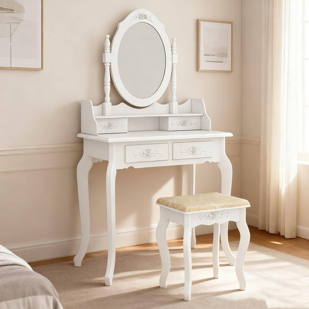 Vanity Desk with Mirror and 4 Drawers 360° Rotating Detachable Dressing Table with Stool – Modern White Makeup Table for Bedroom