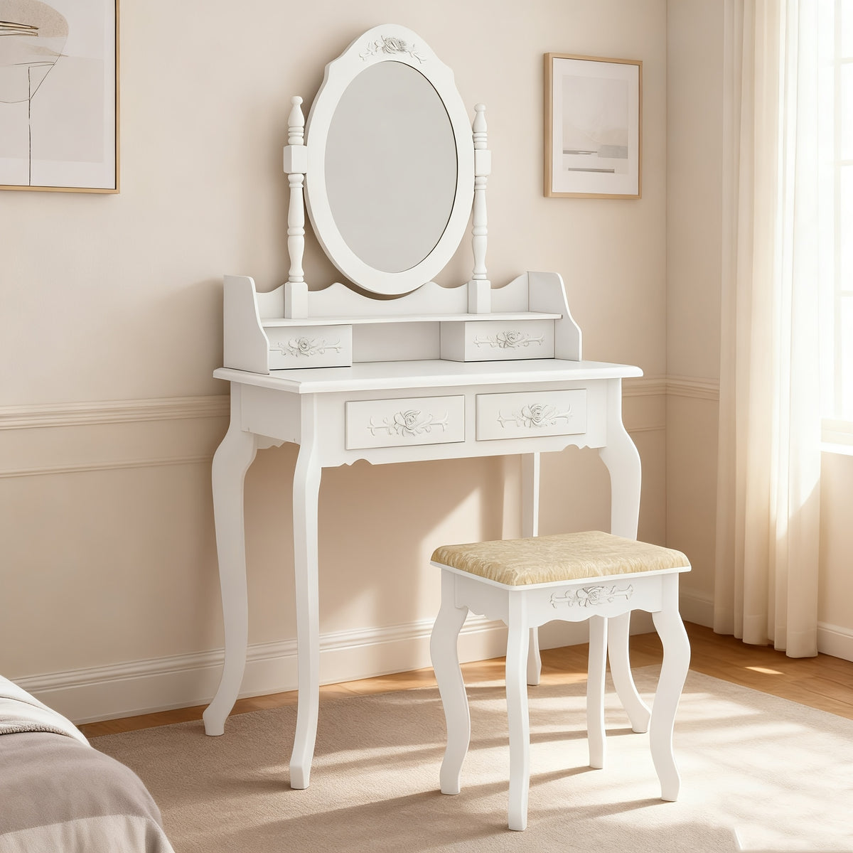 Vanity Desk with Mirror and 4 Drawers 360° Rotating Detachable Dressing Table with Stool – Modern White Makeup Table for Bedroom