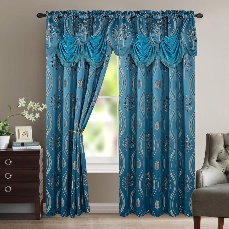 Aurora Jacquard Room-Darkening Curtain Panels with Waterfall Valance – 54” × 84” | Set of 2