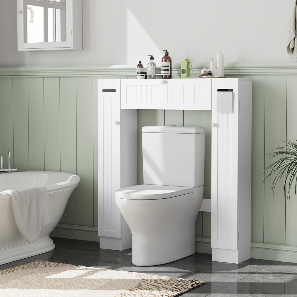 Over Toilet Storage Cabinet White Bathroom Cabinet with Toilet Paper Holder Adjustable Shelves Two Side Doors and Pull-Down Door Space Saving Bathroom Organizer