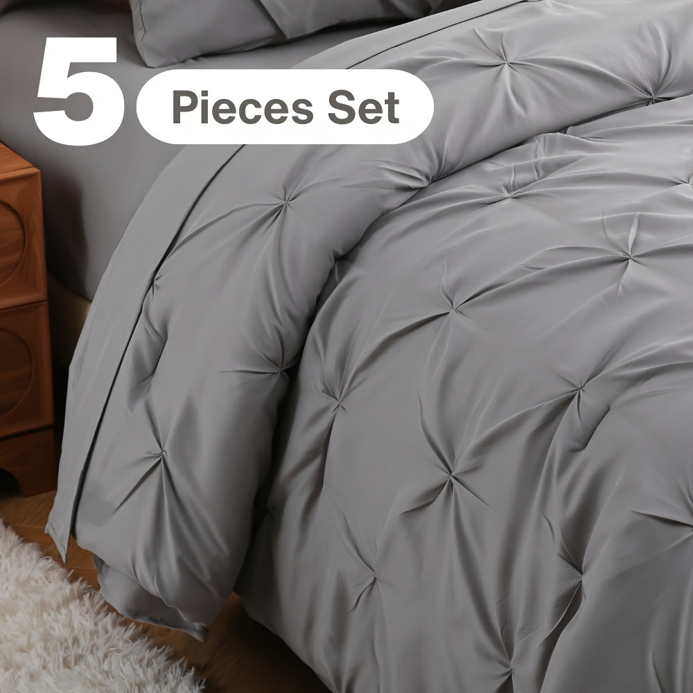 5/7pcs Pintuck Bed In A Bag Comforter Sets, Pinch Pleat Complete Bedding Sets with Comforter, Sheets & Pillowcases, Queen/King Size, All Season