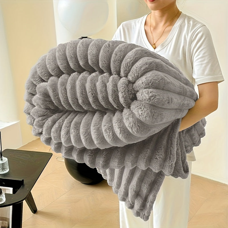 Luxury Faux Rabbit Hair Blanket – Soft Warm Wide Stripe Double-Sided Throw | Machine Washable | Twin, Full, Queen & King | Khaki, Cream, Gray, Black