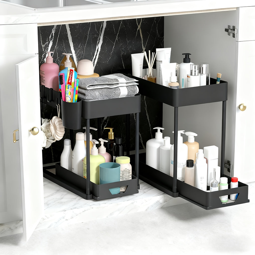 Bathroom Shelves Set of 2 – Punch-Free Retractable 2-Tier Storage Rack with Hooks & Hanging Cups for Bathroom, Kitchen & Laundry
