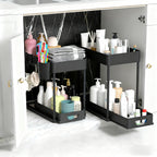 Bathroom Shelves Set of 2 – Punch-Free Retractable 2-Tier Storage Rack with Hooks & Hanging Cups for Bathroom, Kitchen & Laundry