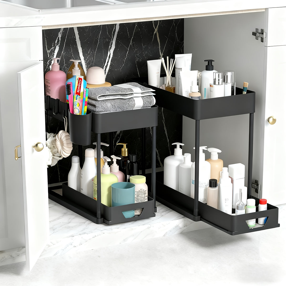 Bathroom Shelves Set of 2 – Punch-Free Retractable 2-Tier Storage Rack with Hooks & Hanging Cups for Bathroom, Kitchen & Laundry