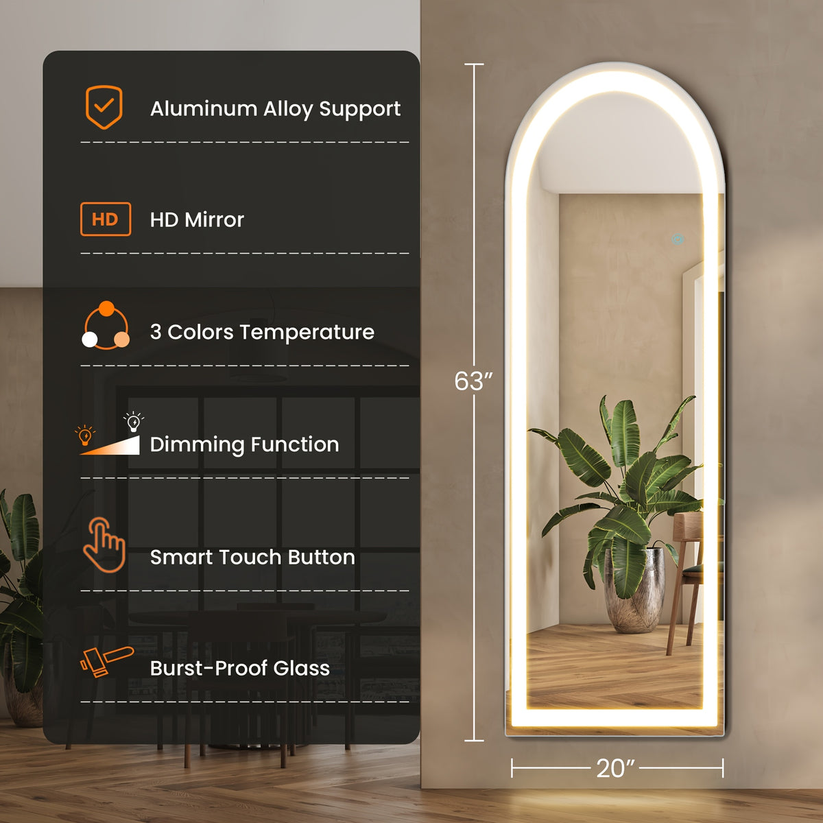 Smart LED Touch Sensor Full-Length Mirror with Adjustable Brightness – Wall-Mount & Freestanding Slim Modern Frame for Vanity, Bedroom & Dressing Room Lighting