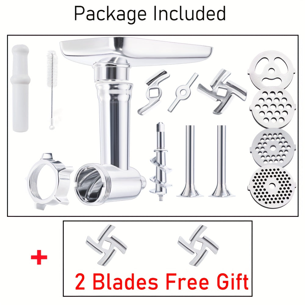 Meat Grinder Attachment for KitchenAid Stand Mixers, Metal Food Grinder with 4 Grinding Plates, 4 Blades, 2 Sausage Stuffer Tubes & Cleaning Brush — Fits All KitchenAid Models, Perfect Kitchen Gift