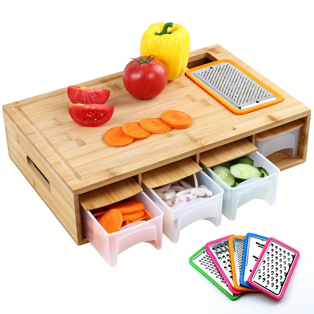 Bamboo Cutting Board with Food Container, Cheese Shredder & Juice Tank – All-in-One Wooden Carving Board for Vegetables, Meat & Cheese – Easy Grip Handle, Kitchen Prep Board