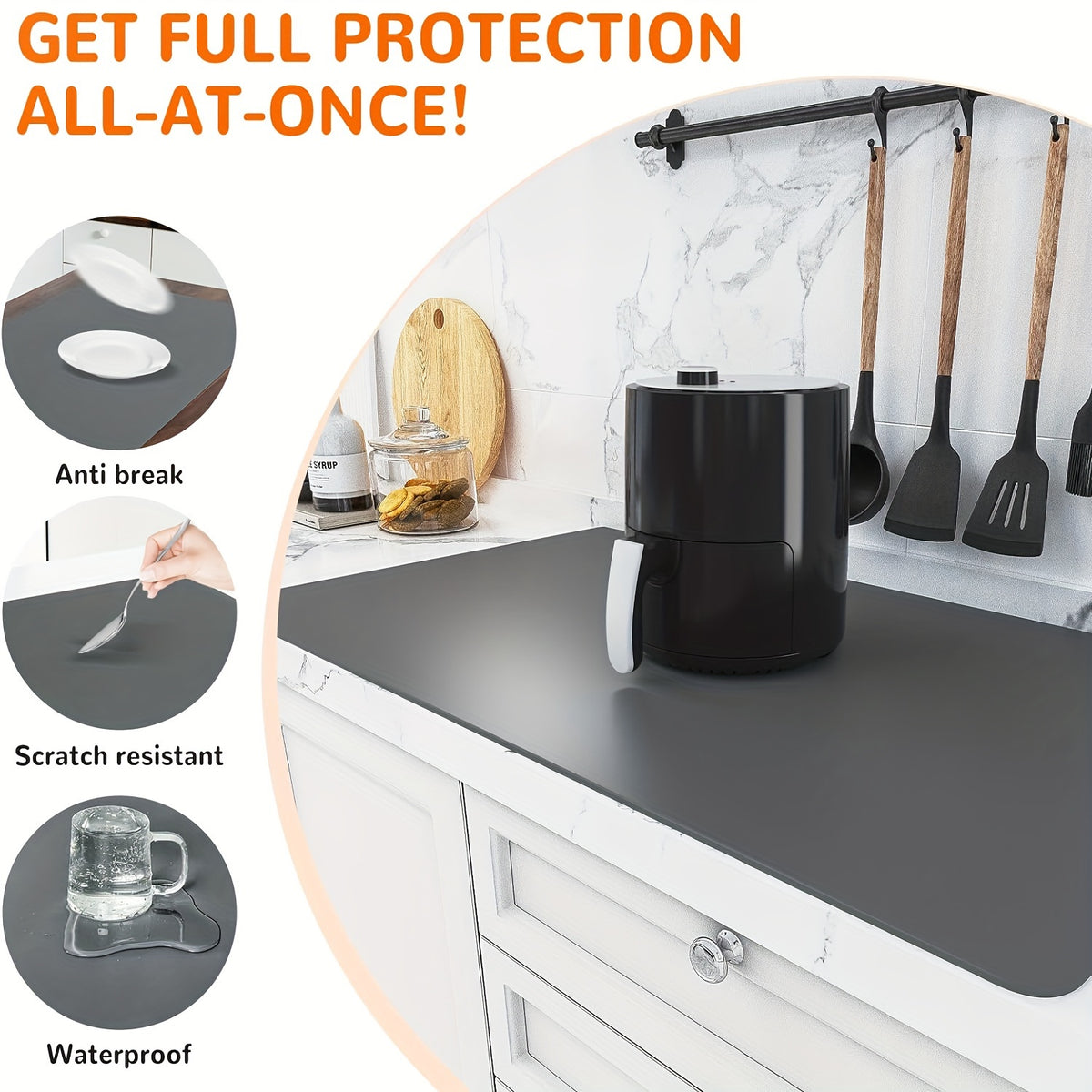 Silicone Kitchen Counter Mat Extra Large, Nonslip Heat Resistant Countertop Protector, Nonstick Waterproof Craft Mat & Table Placemat, Multi-Size in Gray, Black & Translucent