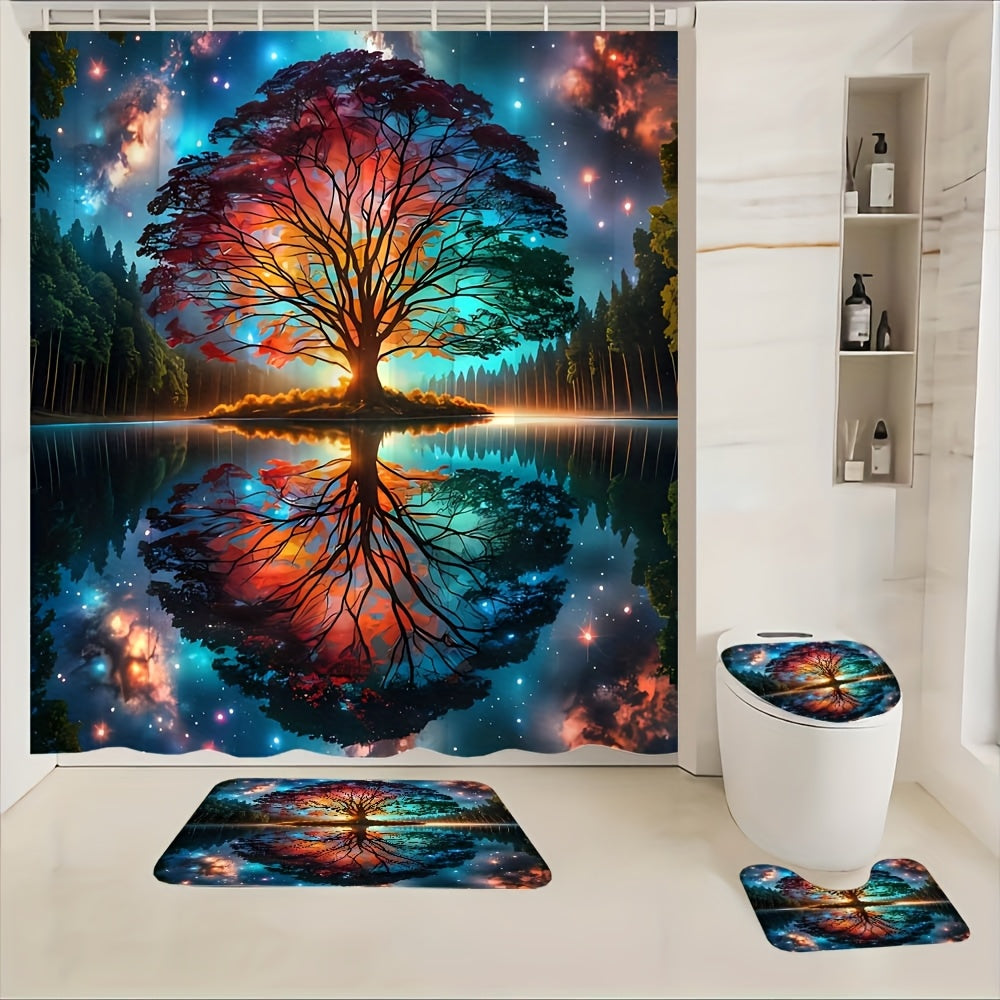 Tree of Life Shower Curtain Set 4 Piece – Includes Shower Curtain with 12 Hooks, Non-Slip Bath Mat, U-Shape Toilet Mat & Lid Cover – Boho Bathroom Decor