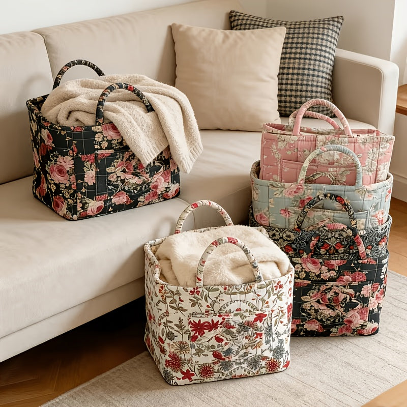 Large Floral Quilted Storage Basket – Vintage Portable Large-Capacity Shelf Basket for Home, 5 Floral Designs (Peony, Marigold, Strawberry)