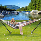 Heavy-Duty Double Hammock with Steel Stand – 450 lbs Capacity, 100% Linen Canvas, Carry Case & Head Pillow Included, No Assembly, Portable for Patio, Backyard, Camping & Balcony | 4 Colors