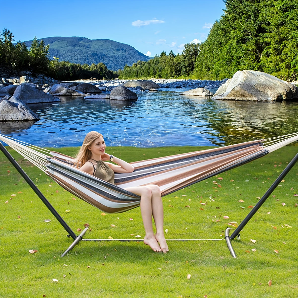 Heavy-Duty Double Hammock with Steel Stand – 450 lbs Capacity, 100% Linen Canvas, Carry Case & Head Pillow Included, No Assembly, Portable for Patio, Backyard, Camping & Balcony | 4 Colors