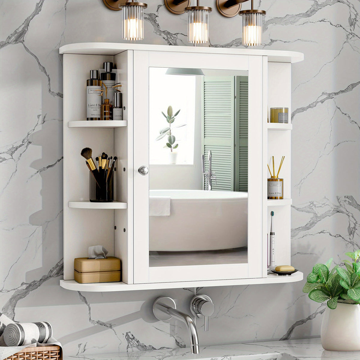 Wall Mounted Bathroom Medicine Cabinet with Mirror and 6 Open Side Shelves - White Wall Cabinet with Mirror for Bathroom Storage, Modern Medicine Cabinet Over Toilet or Vanity