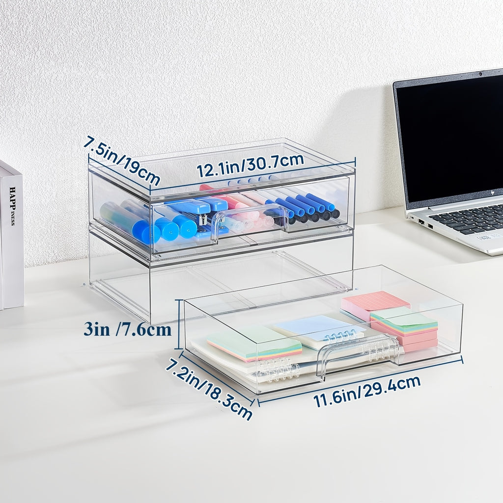 Clear Stackable Acrylic Storage Drawers 2-Pack 7.5"D x 12.1"W x 3.5"H, Transparent Plastic Organizer Bins for Desk Drawer Nightstand – BPA-Free Desktop Storage for Home Office Makeup Supplies