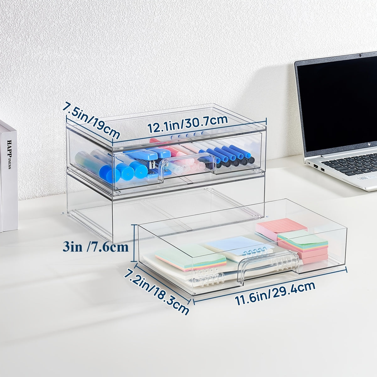 Clear Stackable Acrylic Storage Drawers 2-Pack 7.5"D x 12.1"W x 3.5"H, Transparent Plastic Organizer Bins for Desk Drawer Nightstand – BPA-Free Desktop Storage for Home Office Makeup Supplies
