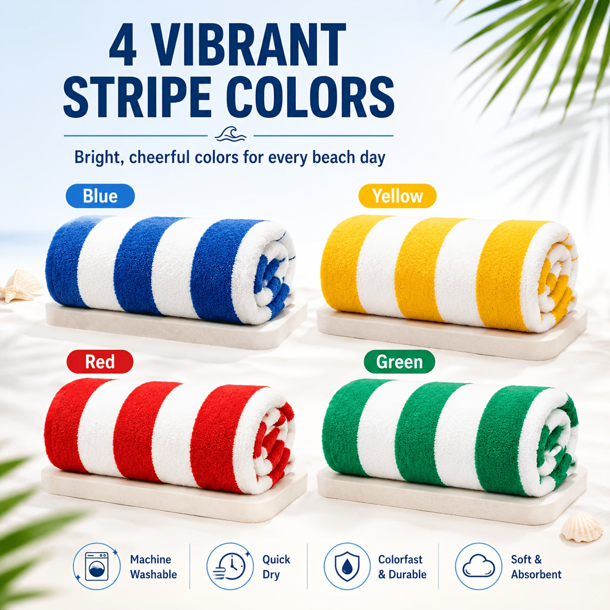 Oversized Striped Beach Towels 2 or 4pcs – Ultra-Soft Quick-Dry Sand-Free Vacation Design | Multiple Colors | Great for Beach, Swim, Travel, Yoga, Camping & Bath